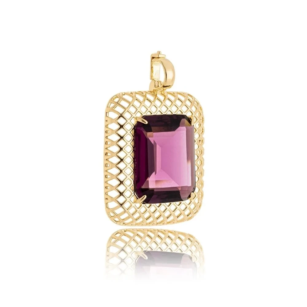 Pingente dourado com cristal ametista rosa