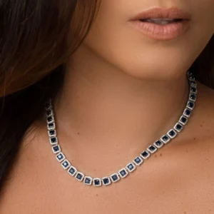 Colar Riviera com Zircônias Safira Azul Banhado em Ródio Branco