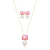 Conjunto Colar e Brinco Pilar Fusion Rosa com Pérola Banhado em Ouro 18K