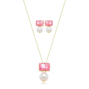 Conjunto Colar e Brinco Pilar Fusion Rosa com Pérola Banhado em Ouro 18K