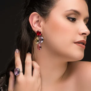 Brinco Riviera Rubelita, Alexandrita, Citrino Limão e Safira Rosa Banho Diamante