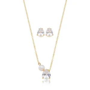 Conjunto Colar e Brinco Pilar Gota Zircônia com Pérola Banhado em Ouro 18K