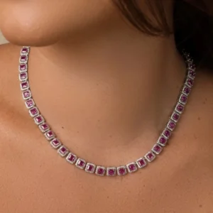 Colar Riviera com Zircônias Fucsia Banhado em Ródio Branco