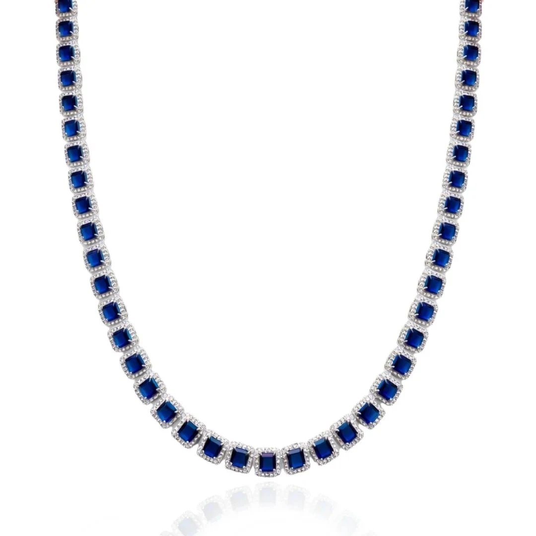Colar Riviera com Zircônias Safira Azul Banhado em Ródio Branco