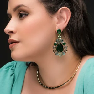 Brinco Riviera Oval e Gotas Turmalina Verde Banhado a Ouro 18K