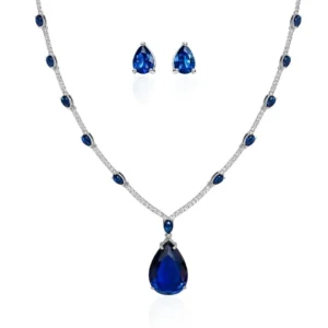 Conjunto Vanilla Gota com Zircônias Safira Azul Banhado em Ródio Branco