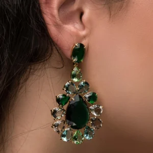 Brinco Riviera Oval e Gotas Turmalina Verde Banhado a Ouro 18K