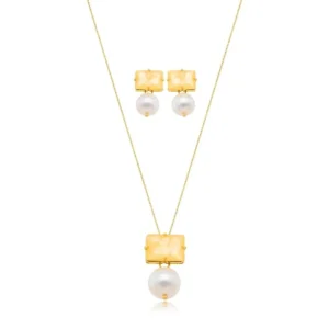 Conjunto Colar e Brinco Pilar Fusion Laranja com Pérola Banhado em Ouro 18K