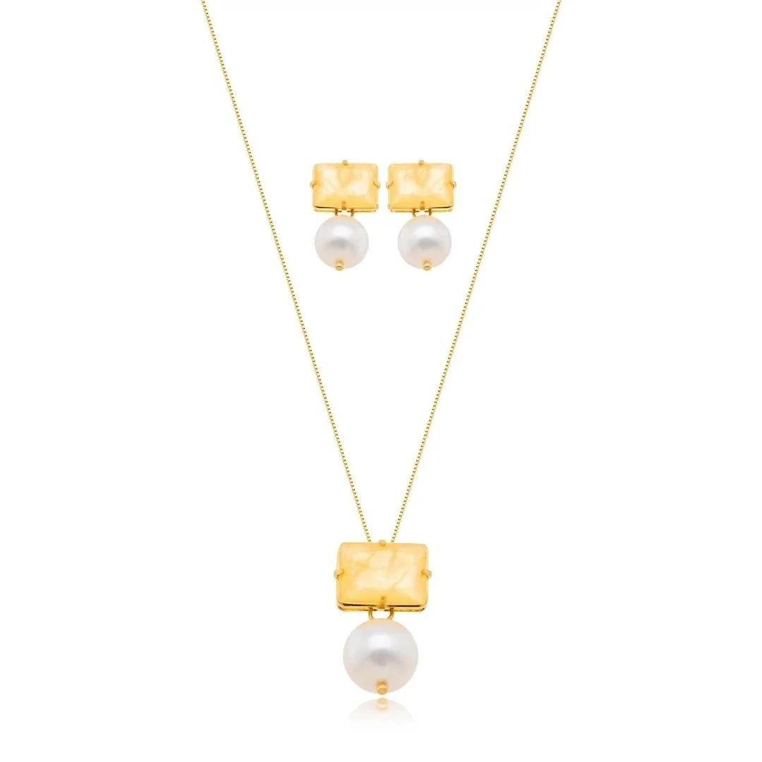 Conjunto Colar e Brinco Pilar Fusion Laranja com Pérola Banhado em Ouro 18K