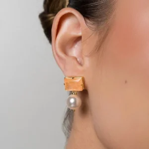 Conjunto Colar e Brinco Pilar Fusion Laranja com Pérola Banhado em Ouro 18K