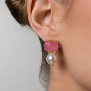 Conjunto Colar e Brinco Pilar Fusion Rosa com Pérola Banhado em Ouro 18K
