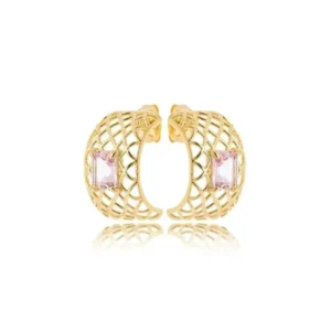 Brinco Meia Argola Vazada com Cristal Retangular Ametista Rosa Banhado a Ouro 18K